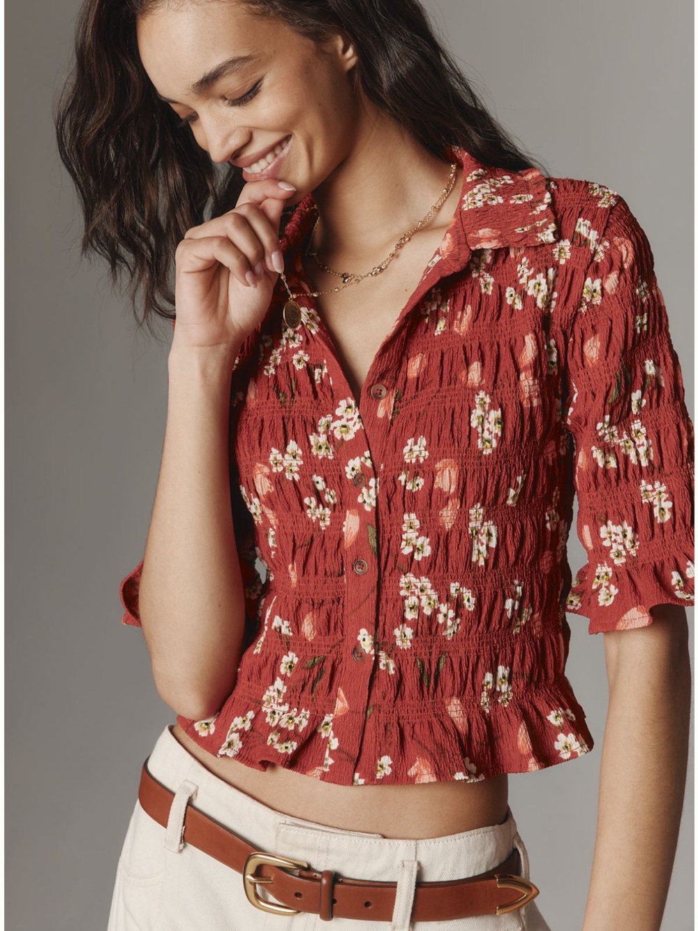 Maeve Smocked Button-Down Top in Red Floral